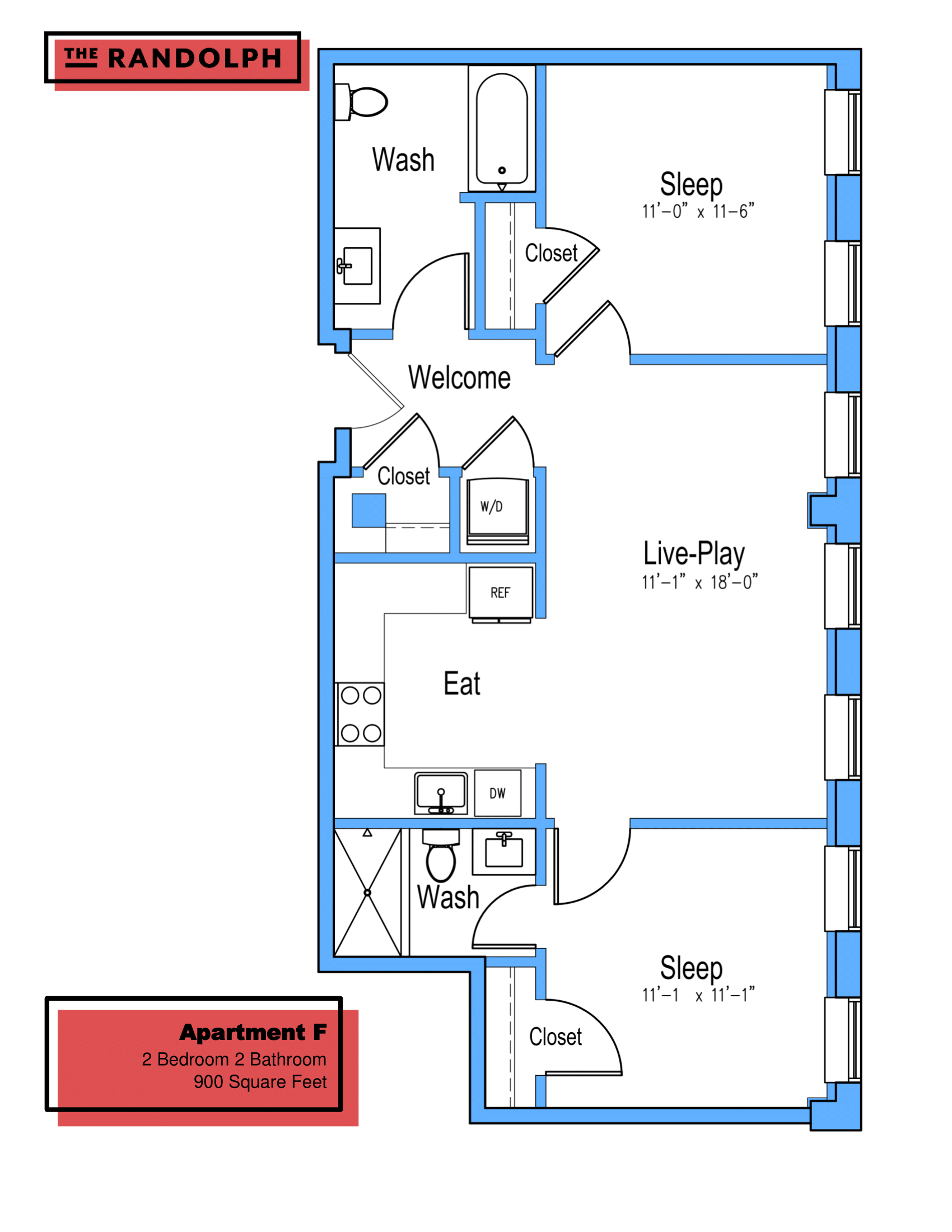 Floor plan for 2 beds, 2 baths, 900 sqft